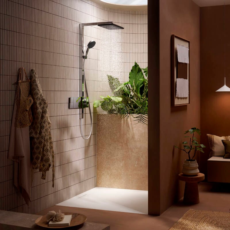 Hansgrohe Raindance Alive Q Showerpipe Duschsystem 210/340 1jet mit Ecosmart Showerselect Comfort, Chrom Glänzend