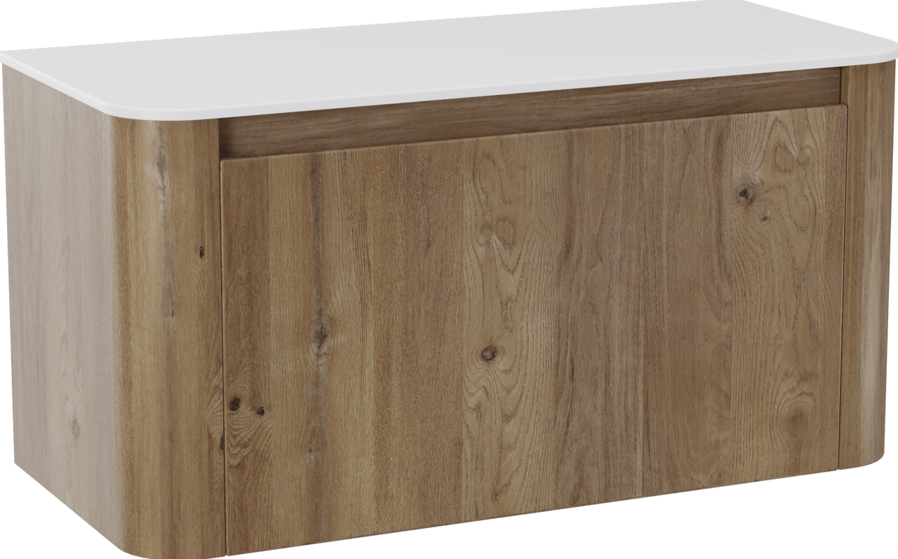 Storke Soft meuble salle de bains suspendu 100 x 46 cm chêne brut avec Tavola Soft tablette simple en Solid Surface blanc mat