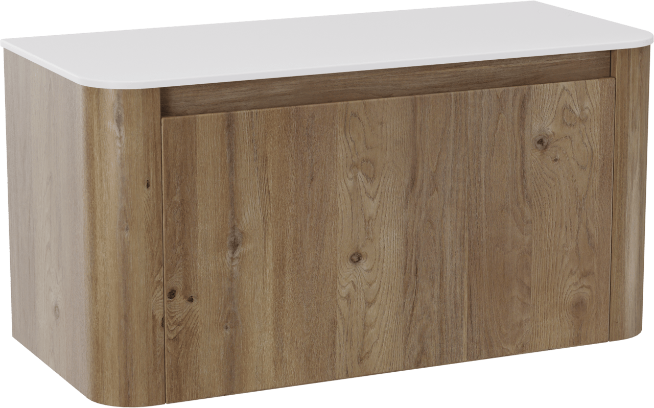 Storke Soft zwevend badkamermeubel 100 x 46 cm ruwe eik met Tavola Soft enkele tablet in solid surface mat wit