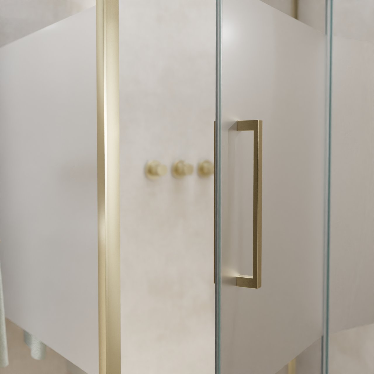 Balmani Senses Design Eckdusche: Drehtür (Rechts) mit fixierte Seitenwand, 140 x 80 cm, Klarglas mit mattiertem Streifen, Profil Brushed Champagner Gold, inklusive Coating