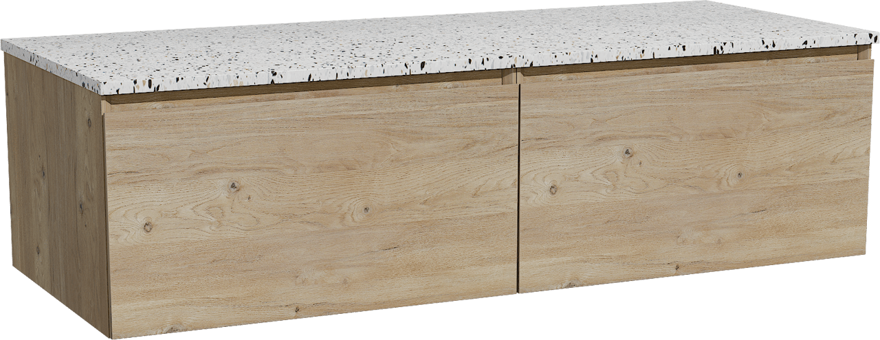 Storke Edge meuble salle de bains suspendu 130 x 52 cm chêne brut avec Tavola tablette simple ou double en blanc/noir mat terrazzo