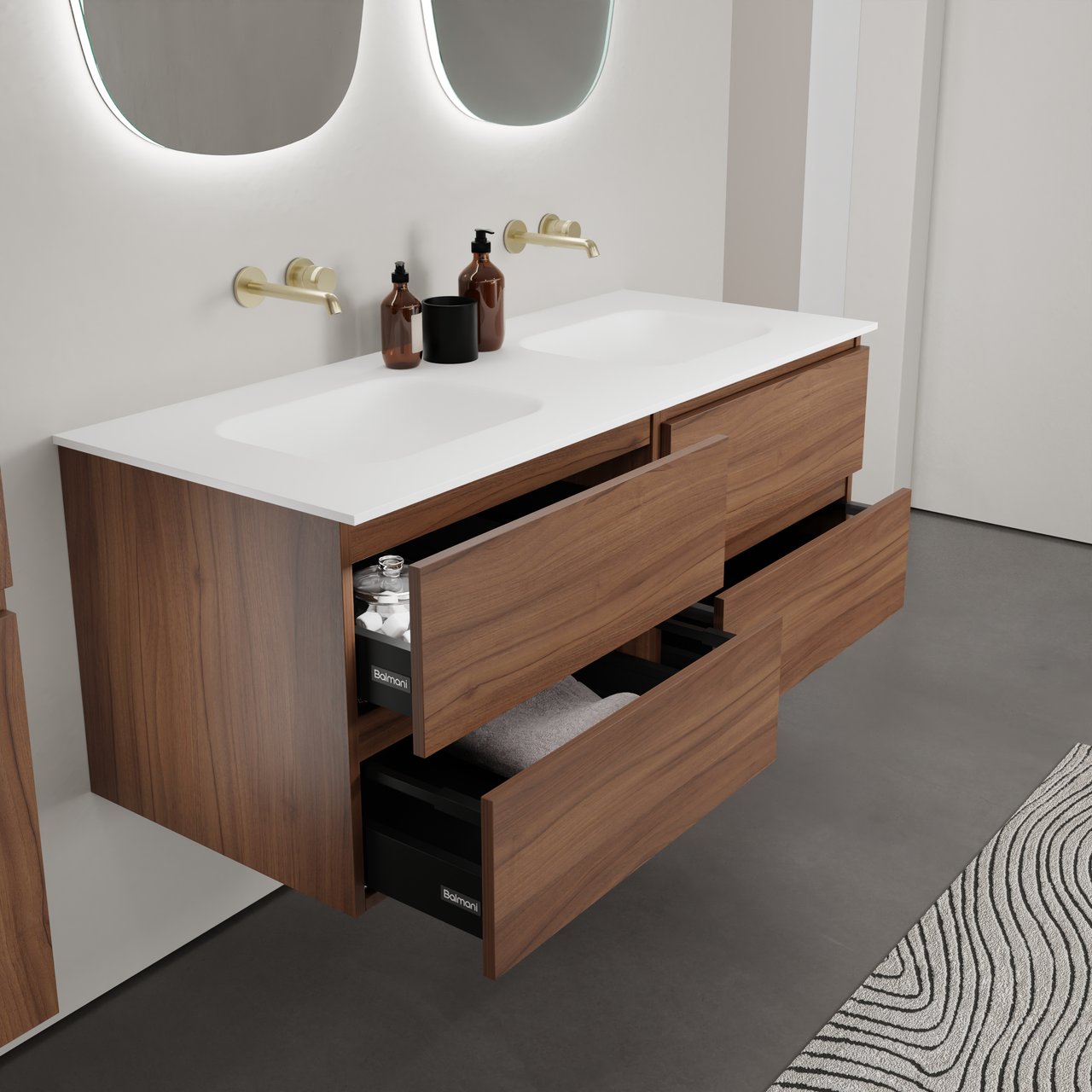 Balmani Lucida zwevend badkamermeubel 135 x 55 cm amerikaanse notelaar met Tablo Arcato dubbele wastafel in solid surface mat wit