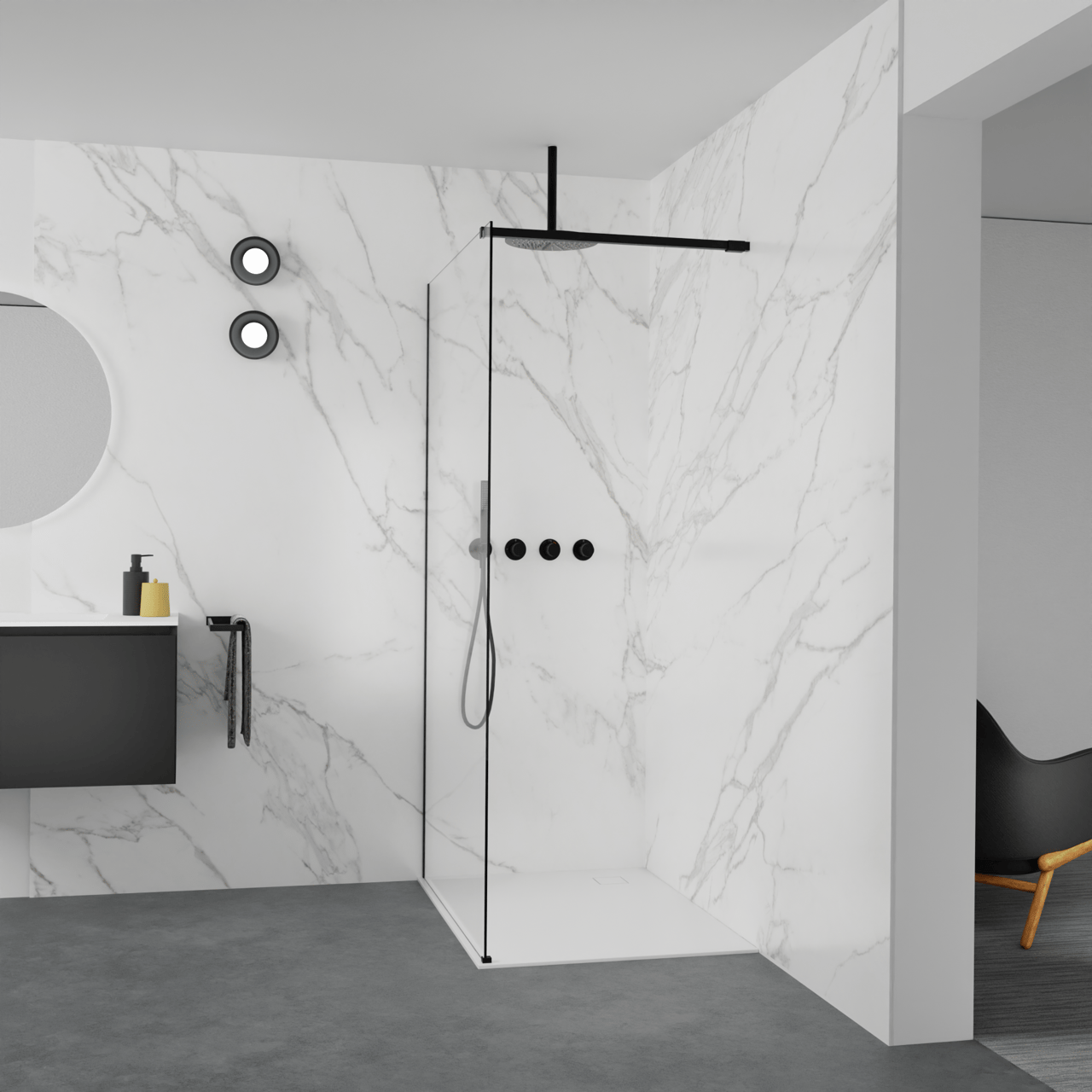 Balmani Modular Walk-In Dusche: 110 x 200 cm, Klarglas, Profil Schwarz matt