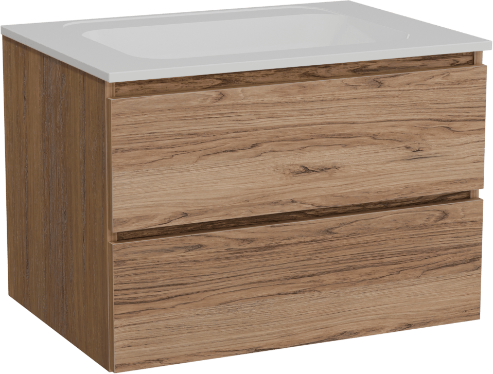 Balmani Lucida hängendes Möbelstück Set: 75 x 55 cm, Teak, mit Tablo Strada Einzelwaschtisch, Marmorkomposit Weiß glänzend