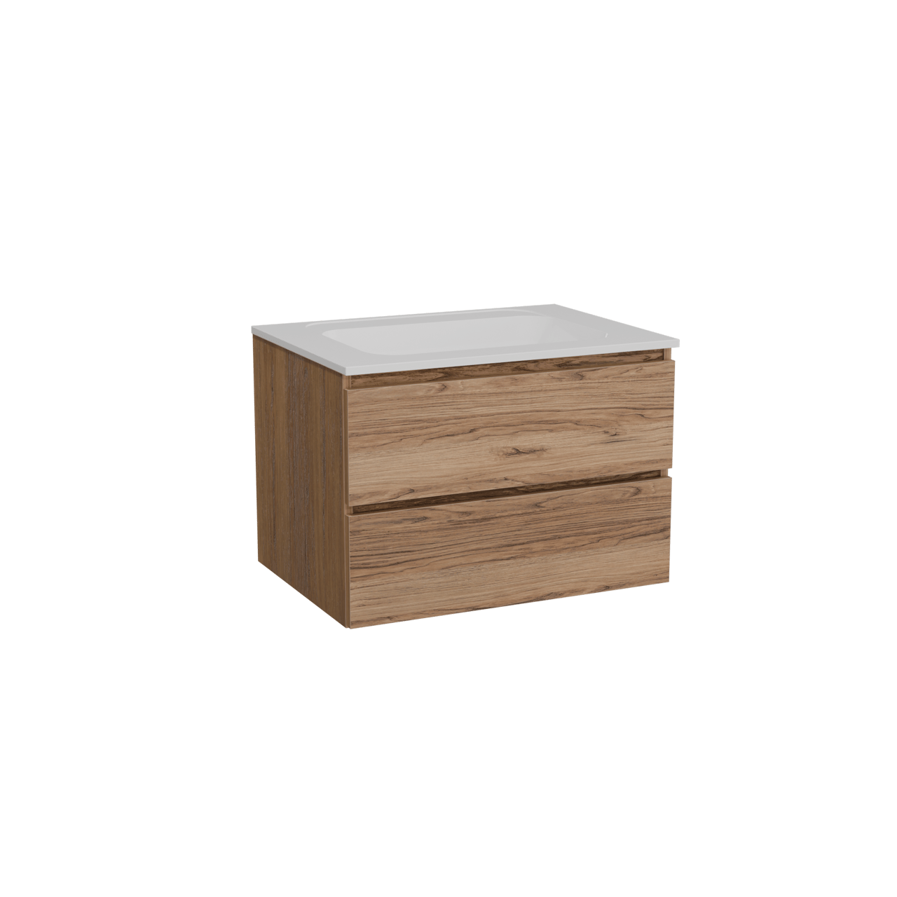 Balmani Lucida hängendes Möbelstück Set: 75 x 55 cm, Teak, mit Tablo Strada Einzelwaschtisch, Marmorkomposit Weiß glänzend