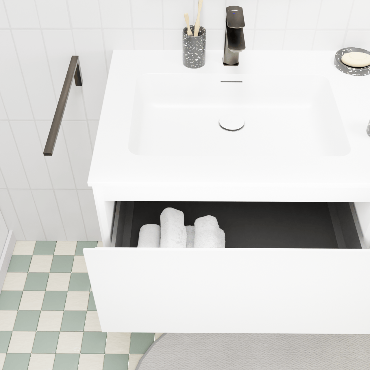 Storke Edge hängendes Möbelstück Set: 150 x 52 cm, Weiß matt, mit Mata Doppelwaschtisch, Solid Surface Weiß matt