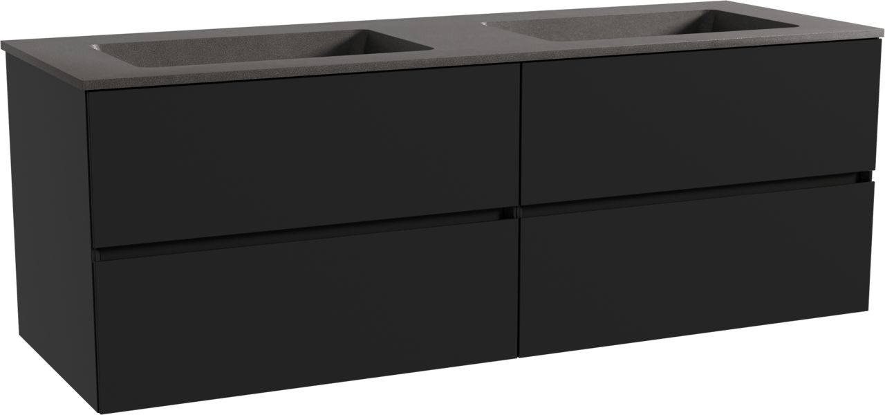 Storke Edge zwevend badmeubel 150 x 52 cm mat zwart met Scuro dubbele wastafel in kwarts mat zwart