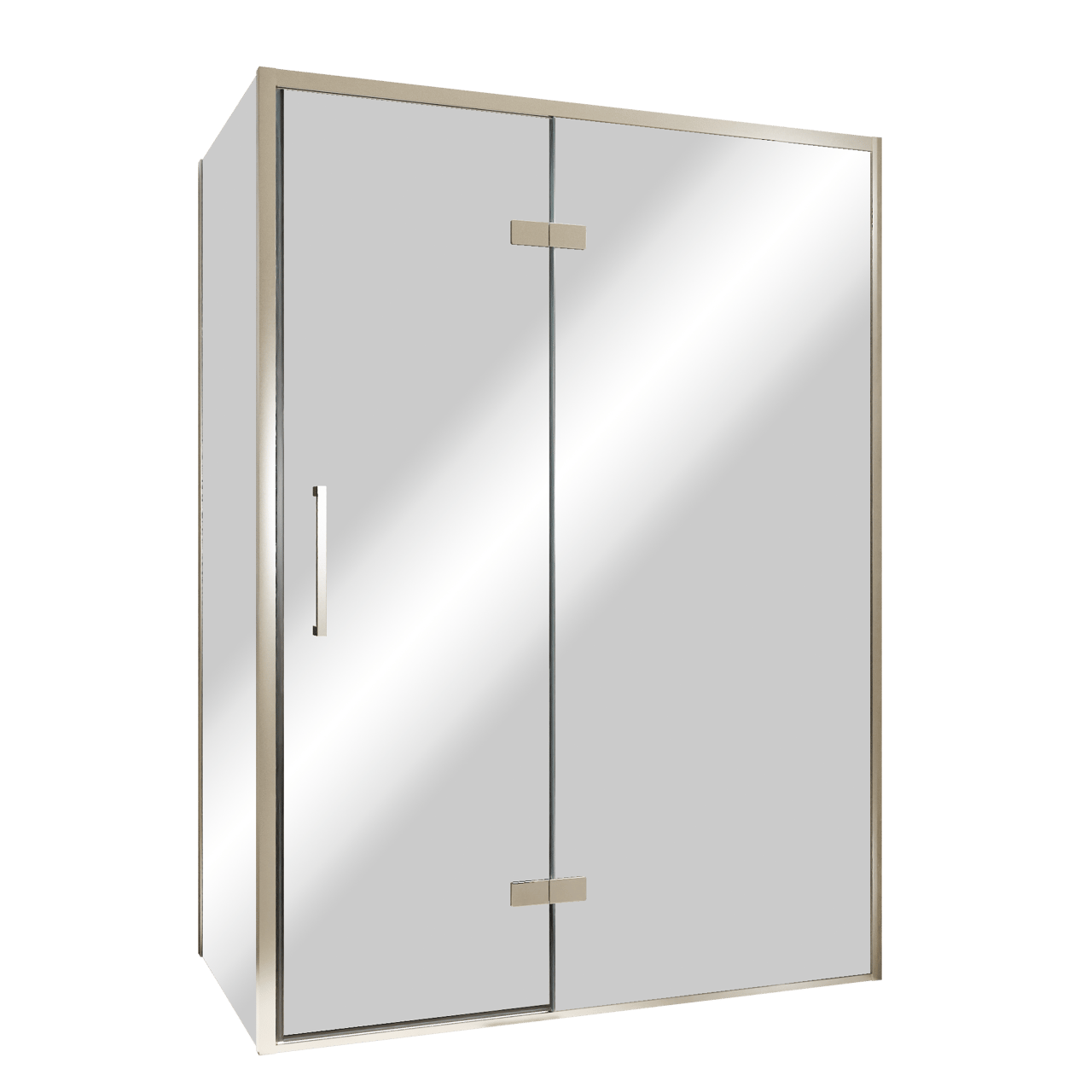 Balmani Senses Design douche en coin avec porte pivotante à droite et paroi latérale fixe, 140 x 80 cm, Miroir Reflex, Profil Brushed CoolMetal, coating inclus