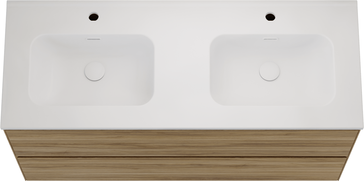 Balmani Mitra Compact zwevend badkamermeubel 120 x 46 cm wilde eik met Nostra dubbele wastafel in porselein mat wit