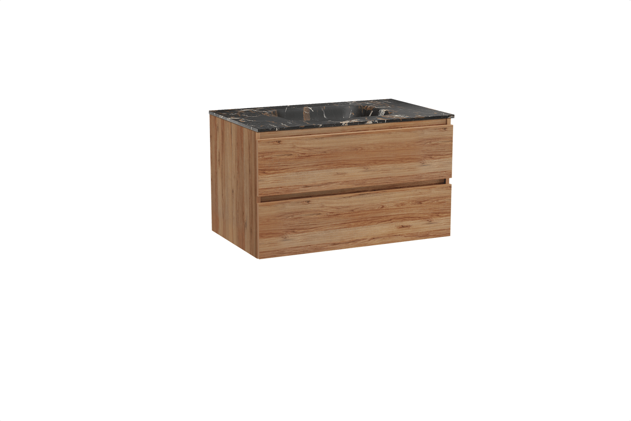 Balmani Lucida meuble salle de bains suspendu 90 x 55 cm teck avec Tablo Arcato plan simple en marbre portoro gold