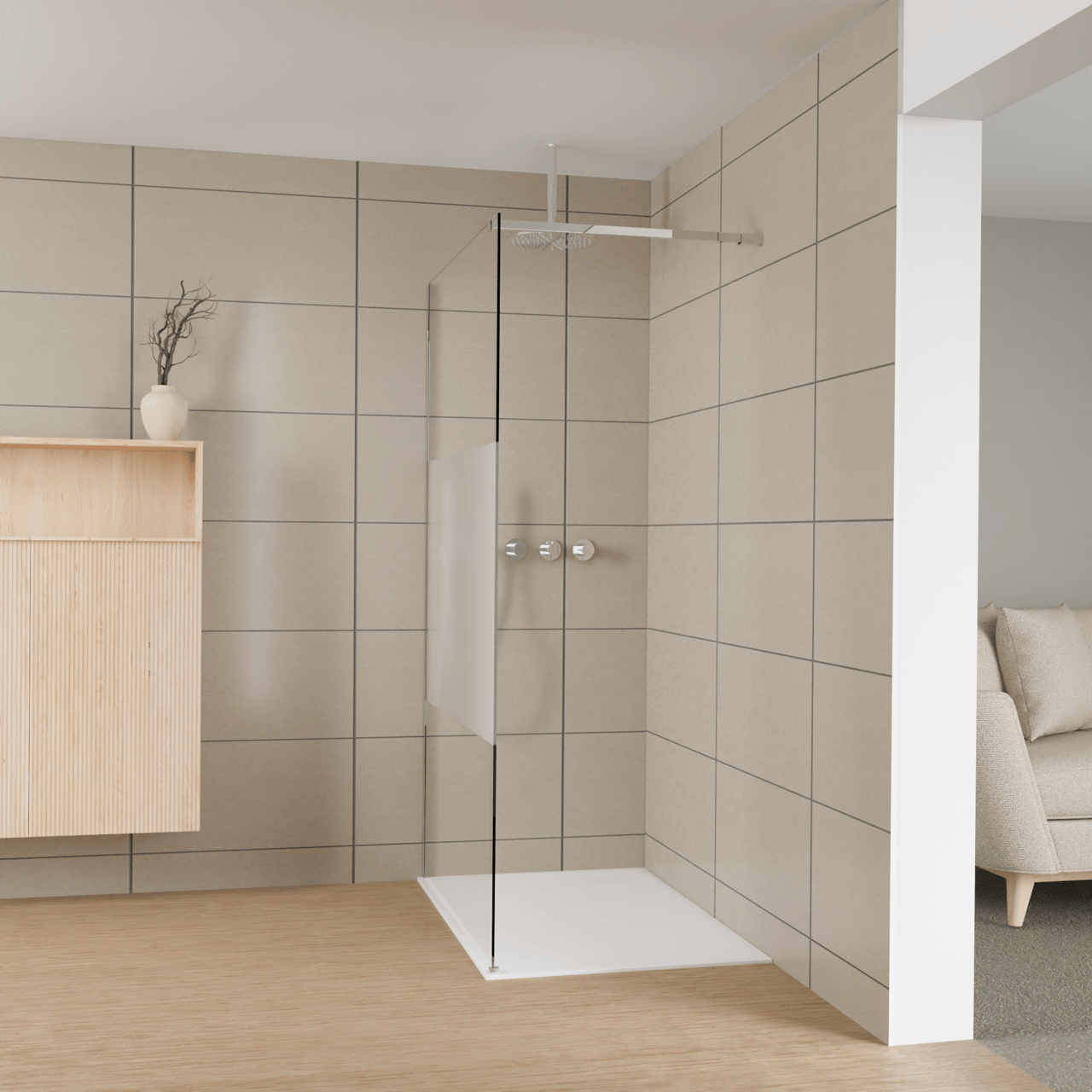Balmani Modular Walk-In Dusche: 120 x 200 cm, Klarglas mit mattiertem Streifen, Profil Chrom glänzend