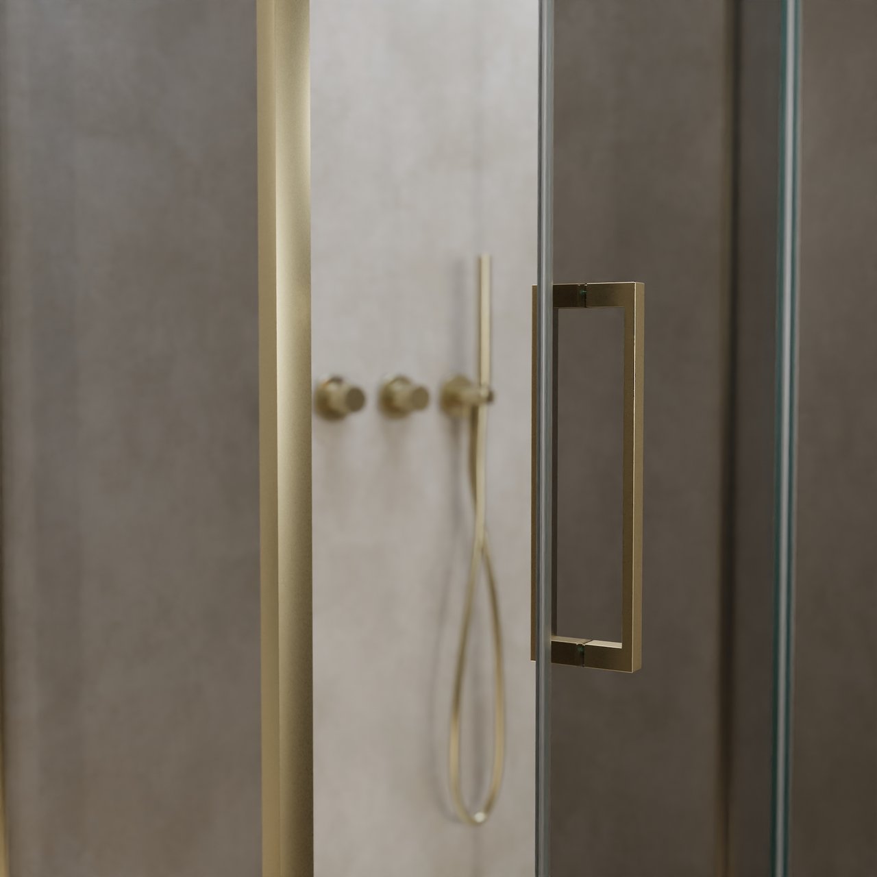 Balmani Senses Design douche en coin avec porte pivotante à droite et paroi latérale fixe, 100 x 100 cm, Miroir Reflex, Profil Brushed Champagne Gold, coating inclus