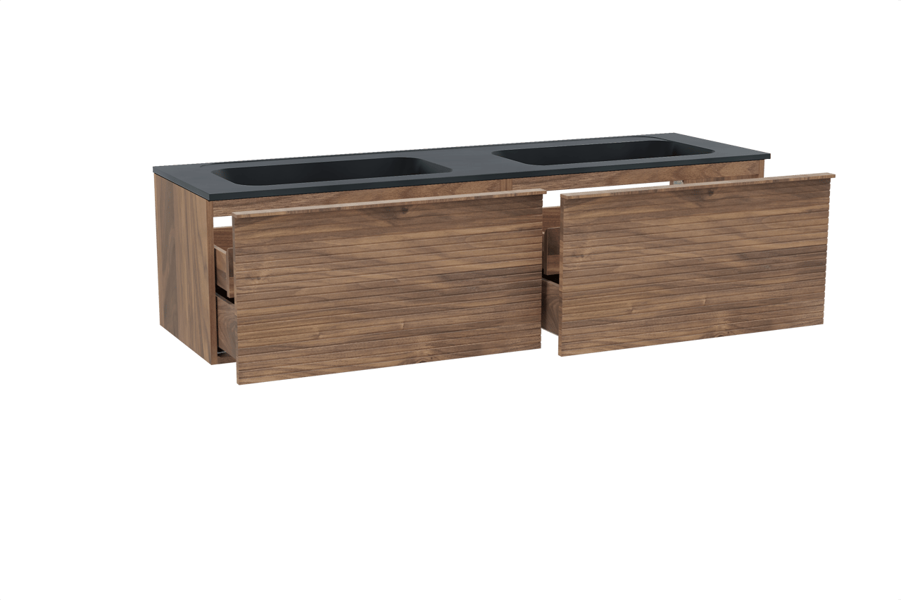 Balmani Forma meuble salle de bains suspendu 180 x 55 cm noyer américain avec Tablo Strada double vasque en marbre composite noir mat, Nervure droite symétrique horizontale