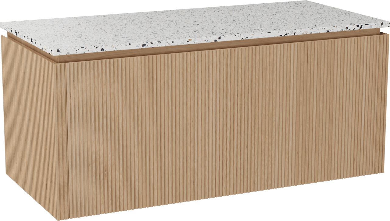 Balmani Eclips zwevend badkamermeubel 120 x 55 cm Natuur eik met Stretto enkel of dubbel tablet in Bianco Nero Terrazzo, Verticale symmetrische rechte ribbel