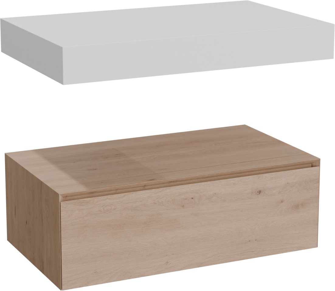 Balmani Mitra Elements meuble salle de bains suspendu 90 x 55 cm chêne naturel avec Arcato tablette simple en solid surface blanc mat