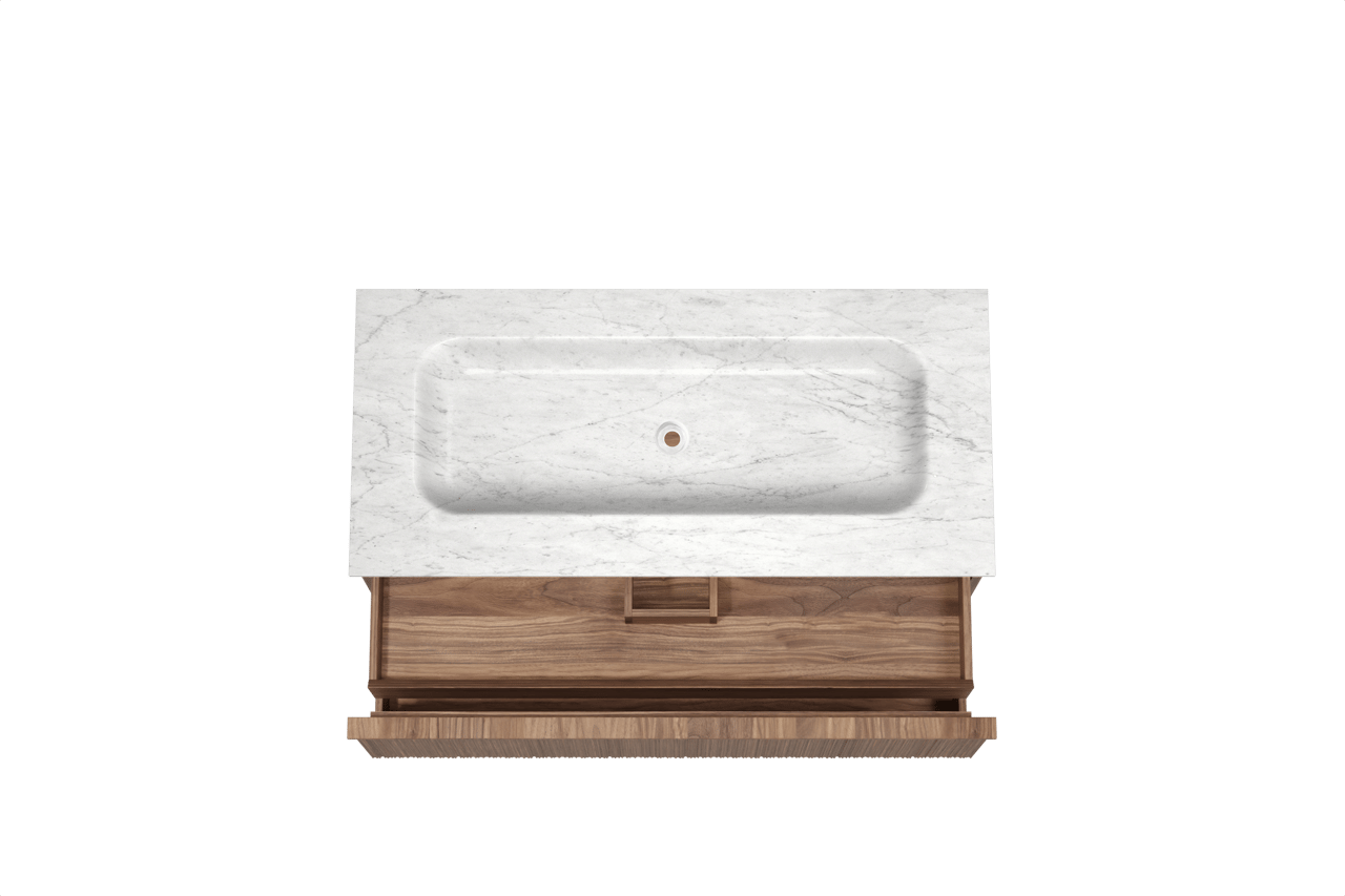 Balmani Forma meuble salle de bains suspendu 120 x 55 cm noyer américain avec Tablo Arcato plan simple en marbre carrara, Nervure circulaire asymétrique verticale