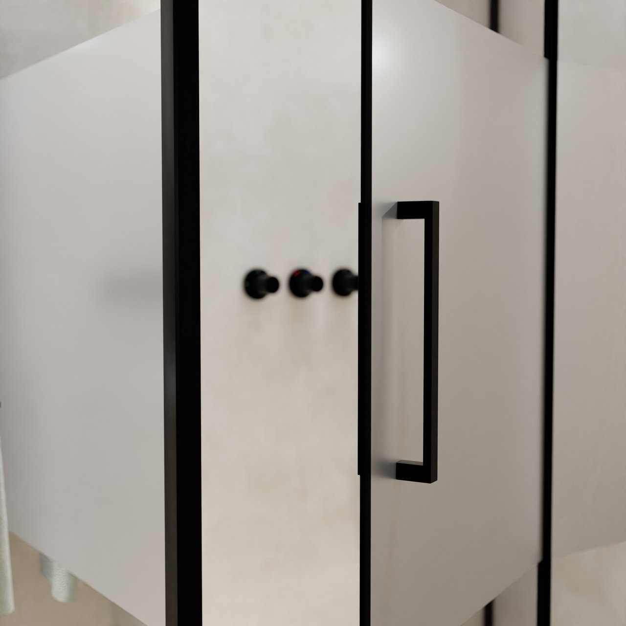 Balmani Senses Design douche en coin avec porte pivotante à droite et paroi latérale fixe, 140 x 90 cm, Verre transparent avec bande matte, Profil noir, coating inclus, coating inclus