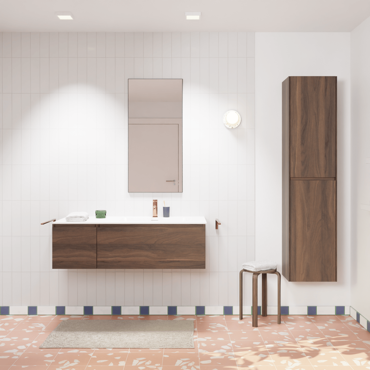 Storke Edge zwevend badkamermeubel 120 x 52 cm notelaar met Mata asymmetrisch rechtse wastafel in solid surface mat wit