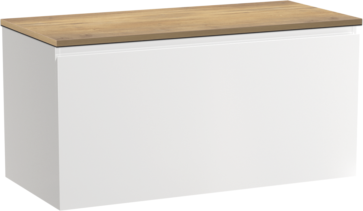 Linie Lado hängendes Möbelstück Set: 100 x 46 cm, Weiß glänzend, mit Lado Einzel- oder Doppel Waschtischplatte, Melamin Naturbelassene Eiche