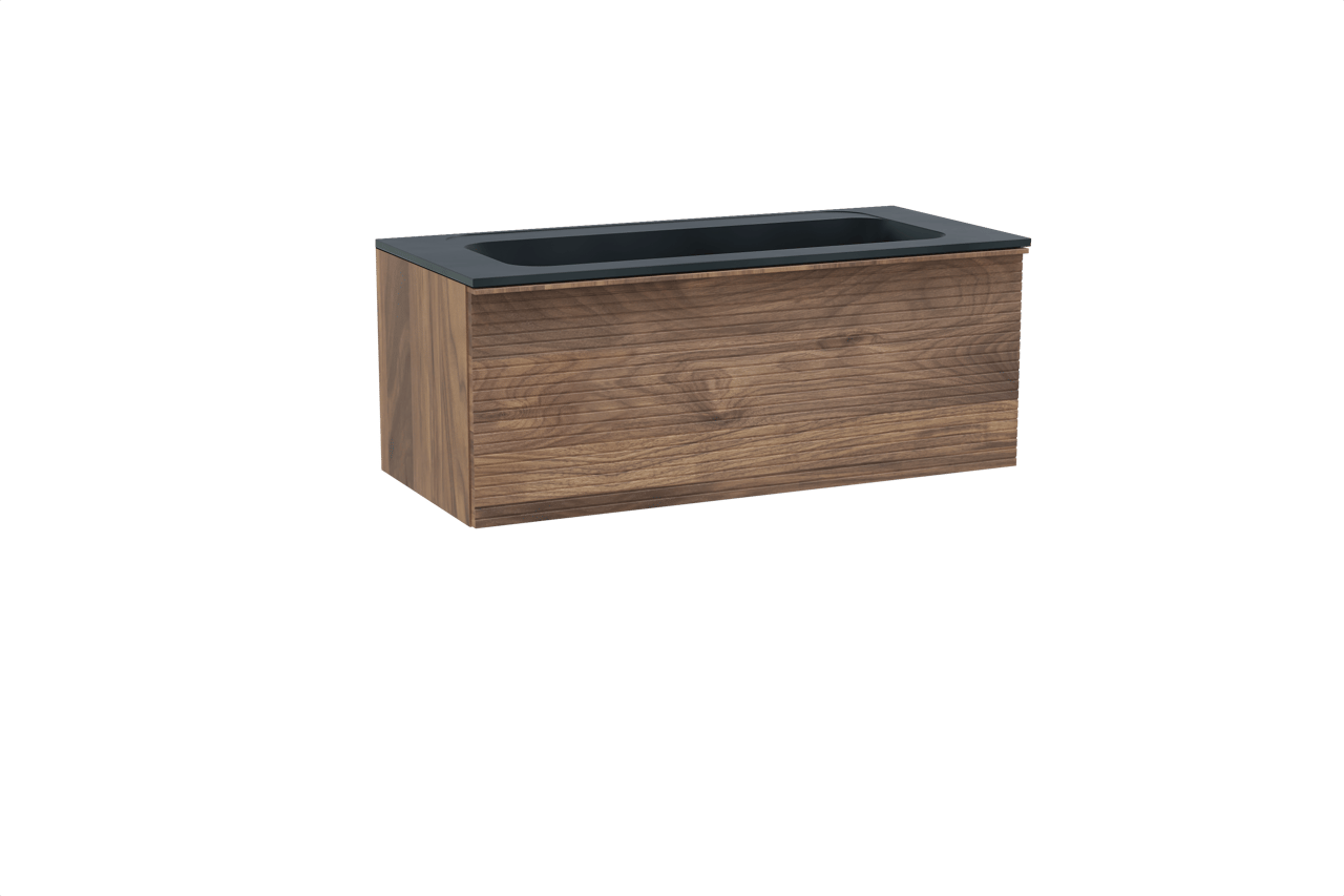 Balmani Forma hängendes Möbelstück Set: 120 x 55 cm, Amerikanischer Nussbaum, mit Tablo Strada Einzelwaschtisch für 2 Armaturenlöcher, Marmorkomposit, Schwarz matt, Horizontale symmetrische gerade Rippe