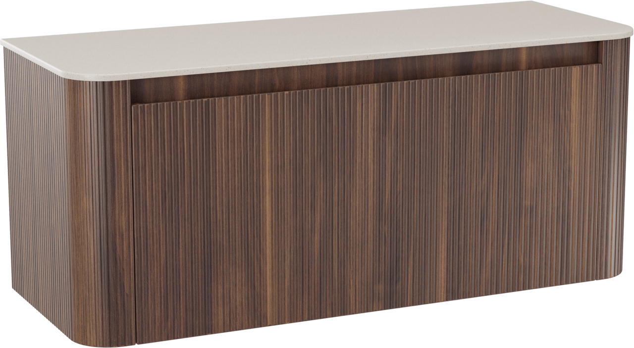 Storke Soft meuble salle de bains suspendu 120 x 46 cm noyer avec Tavola Soft tablette simple ou double vasque en Solid Surface beige granite, Nervure droite symétrique verticale