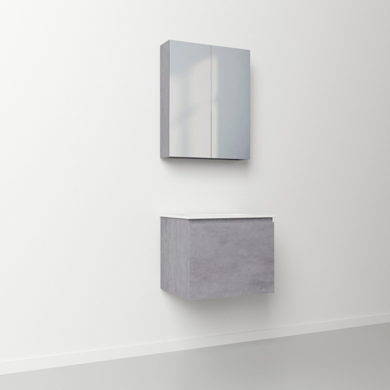 Linie Lado zwevend badmeubel 60 x 46 cm beton donkergrijs met Baro enkele wastafel in porselein hoogglans wit en Montro spiegelkast