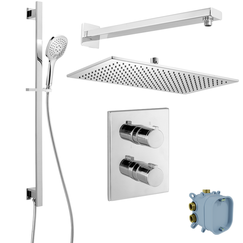 Blaufoss Smartbox De Luxe thermostatische inbouw regendoucheset met rechthoekige regendouchekop 45 x 25 cm Glanzend Chroom