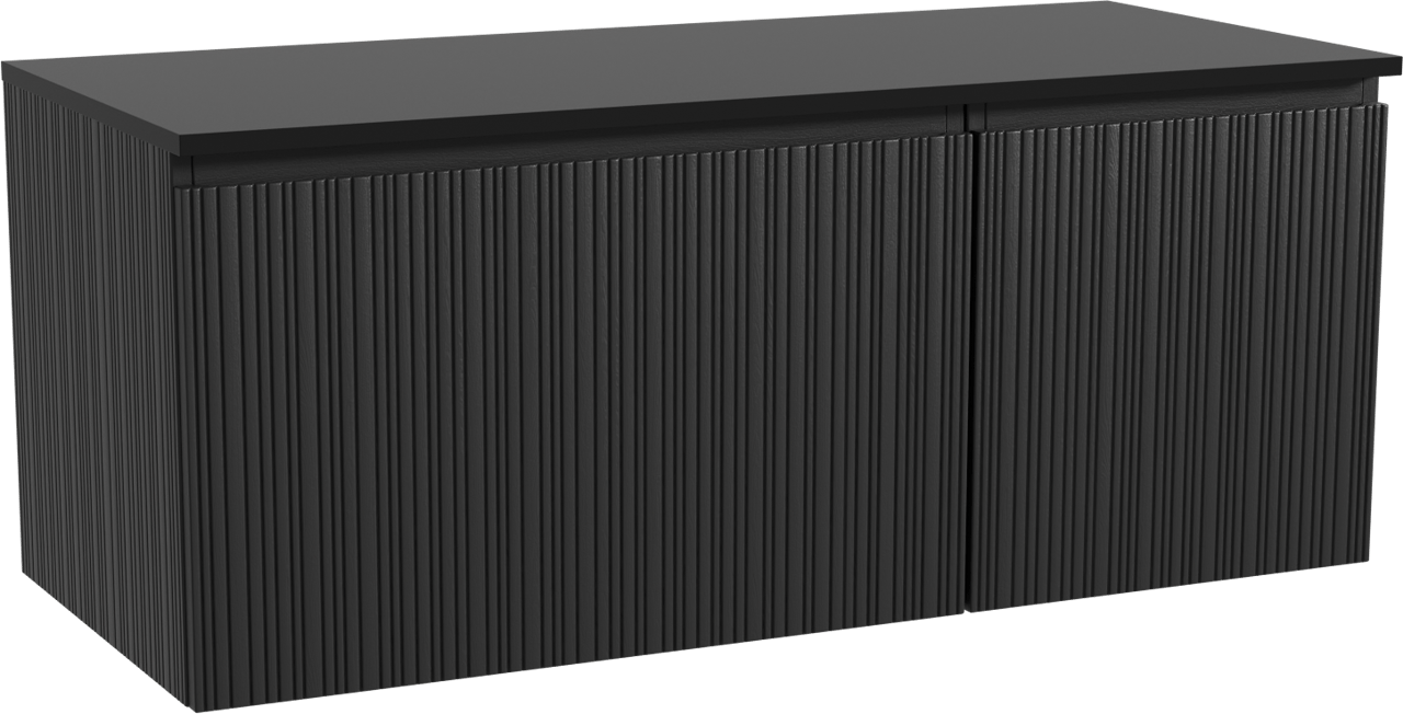 Storke Ribs zwevend badmeubel 120 x 52 cm zwart eiken met Panton enkel of dubbel wastafelblad in gepoedercoate mdf mat zwart, Verticale asymmetrische rechte ribbel