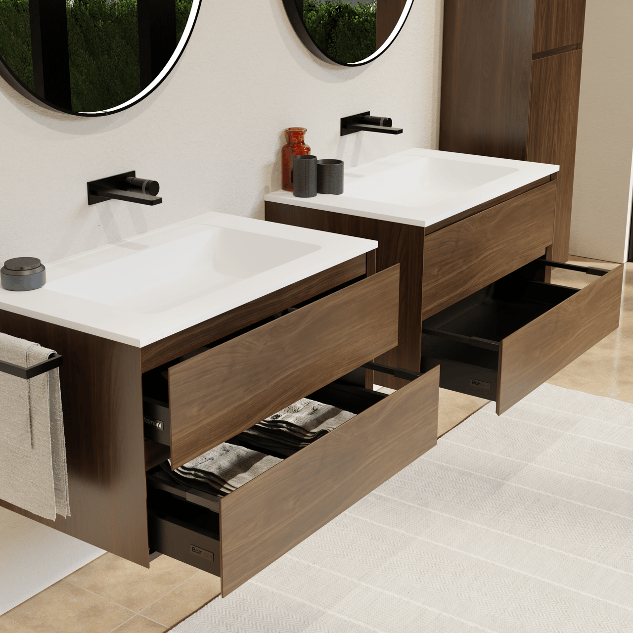 Balmani Mitra hängendes Möbelstück Set: 90 x 55 cm, Amerikanischer Nussbaum, mit Tablo Strada Einzelwaschtisch, Marmorkomposit Weiß matt