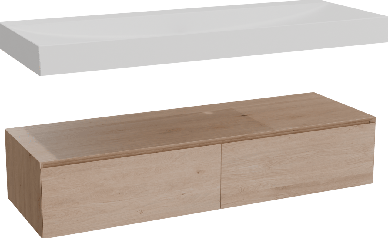 Balmani Mitra Elements zwevend badkamermeubel 150 x 55 cm natuur eik met Wave enkele wastafel voor 2 kraangaten in solid surface mat wit