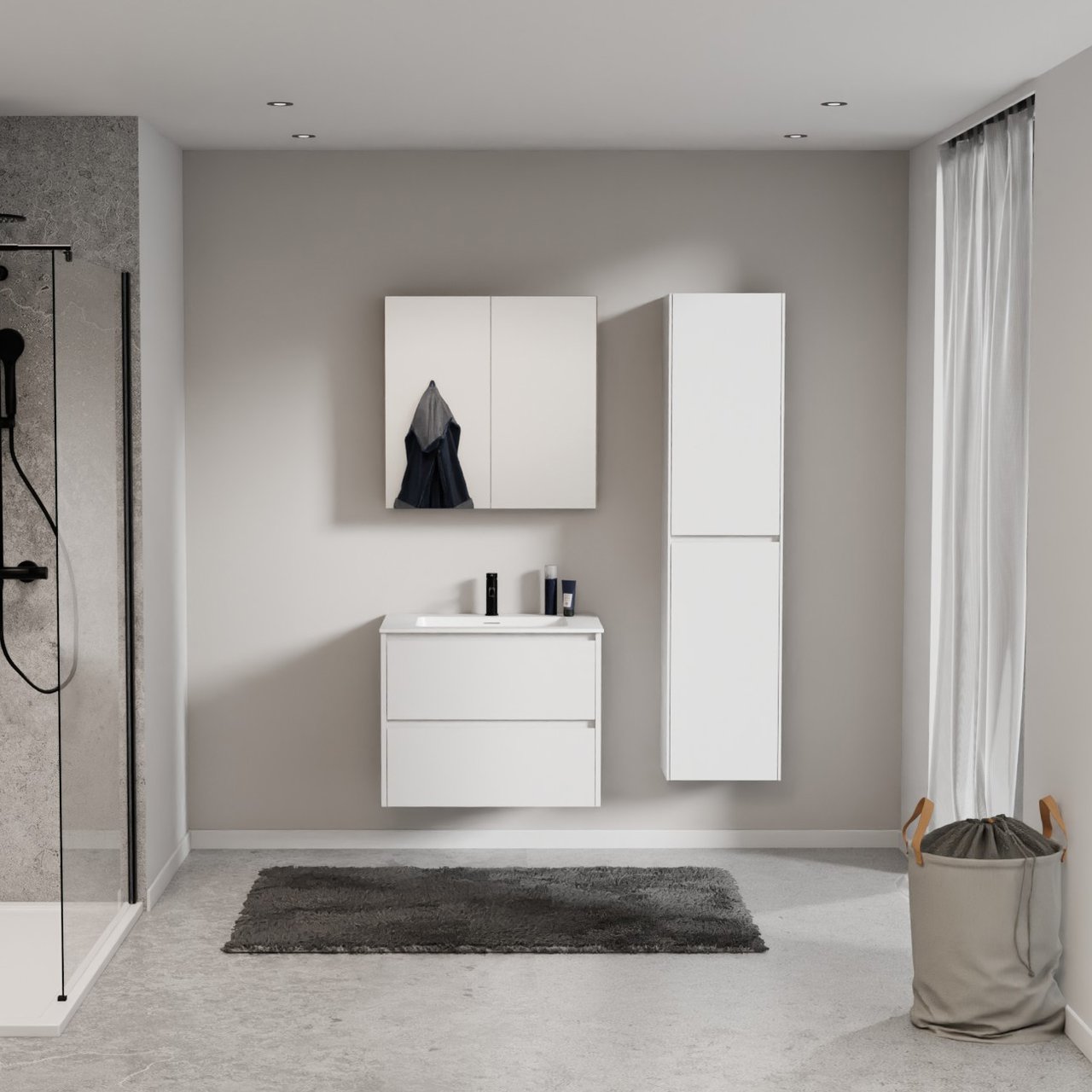 Storke Seda meuble salle de bains suspendu 75 x 52 cm blanc mat avec Mata plan simple en solid surface blanc mat