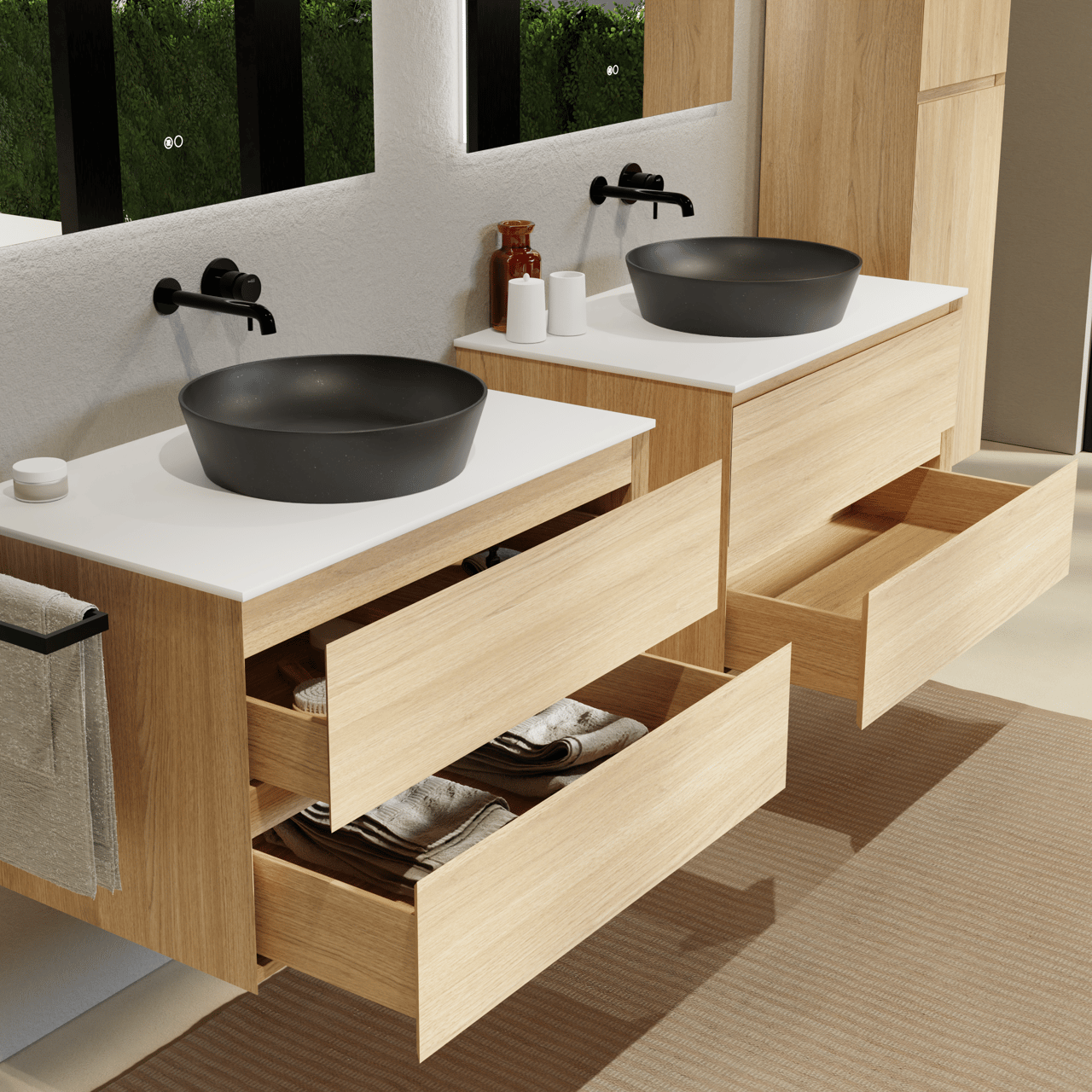 Balmani Mitra meuble salle de bains suspendu 90 x 55 cm chêne naturel avec Stretto tablette simple en solid surface blanc mat