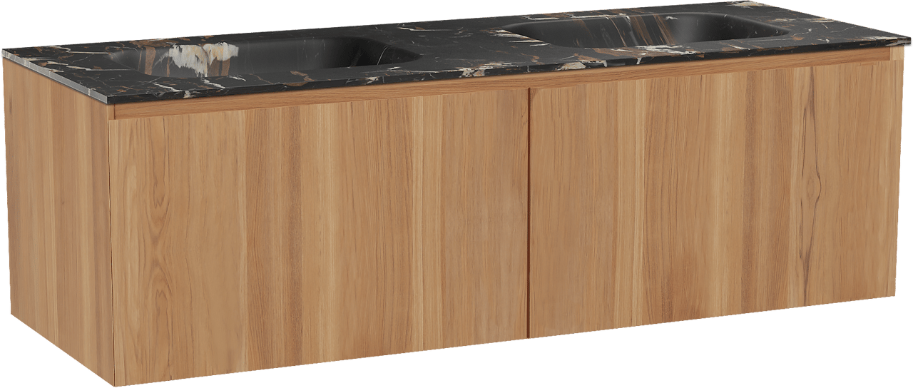 Balmani Idra meuble salle de bains suspendu 150 x 55 cm teck avec Tablo Arcato double vasque en marbre portoro gold