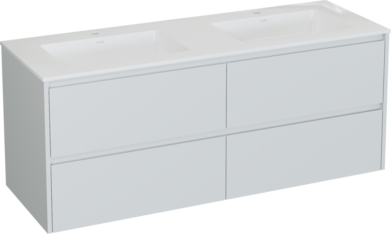 Storke Seda zwevend badkamermeubel 150 x 52 cm mat wit met Bilia dubbele wastafel in composietmarmer glanzend wit