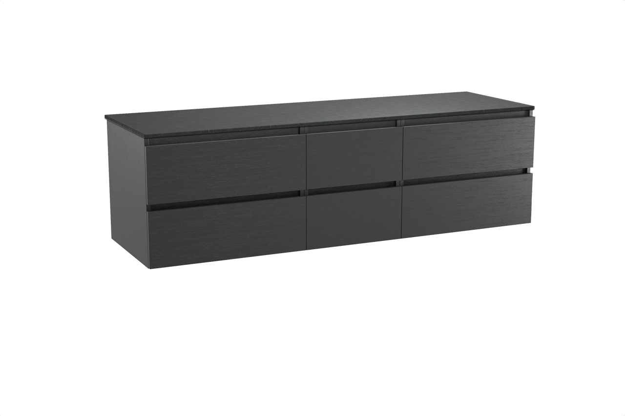 Balmani Lucida hängendes Möbelstück Set: 180 x 55 cm, Schwarze Eiche, mit Stretto Einzel- oder Doppel Waschtischplatte, Schwarzes Granit