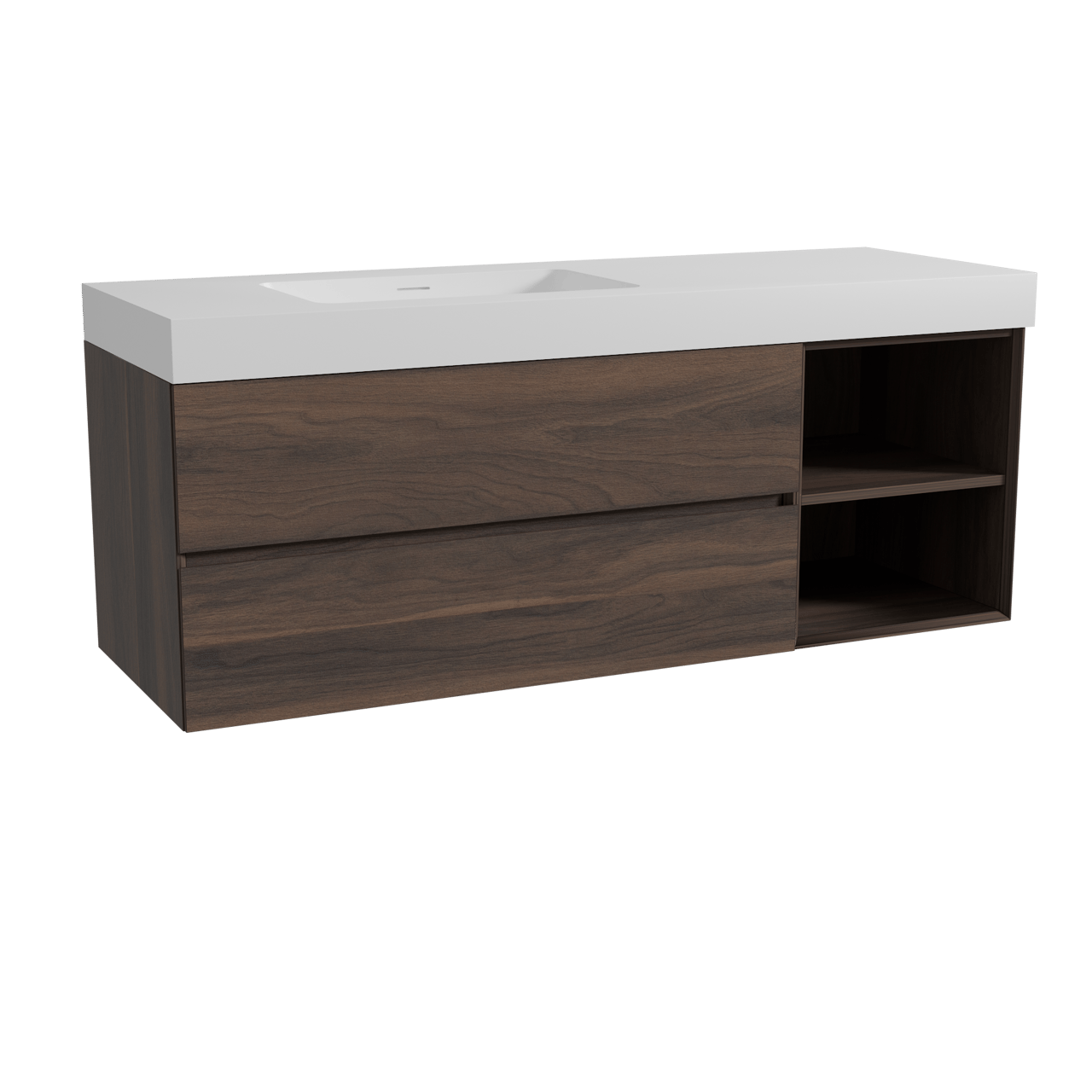 Storke Edge hängendes Möbelstück Set: 150 x 52 cm, Nussbaum, mit Mata High Waschtisch links, Solid Surface Weiß matt