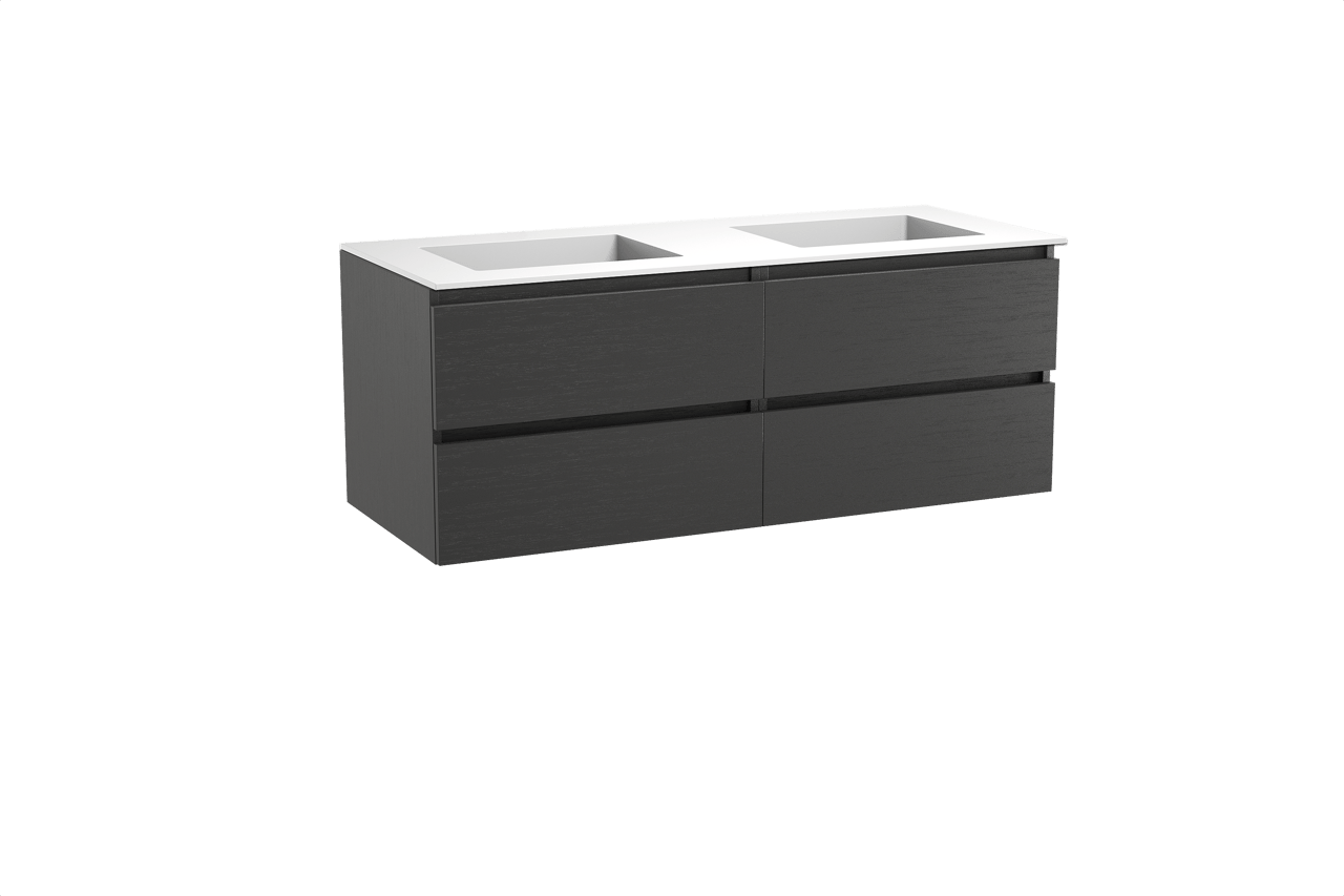 Balmani Lucida meuble salle de bains suspendu 135 x 55 cm chêne noir avec Tablo Stretto double vasque en solid surface blanc mat