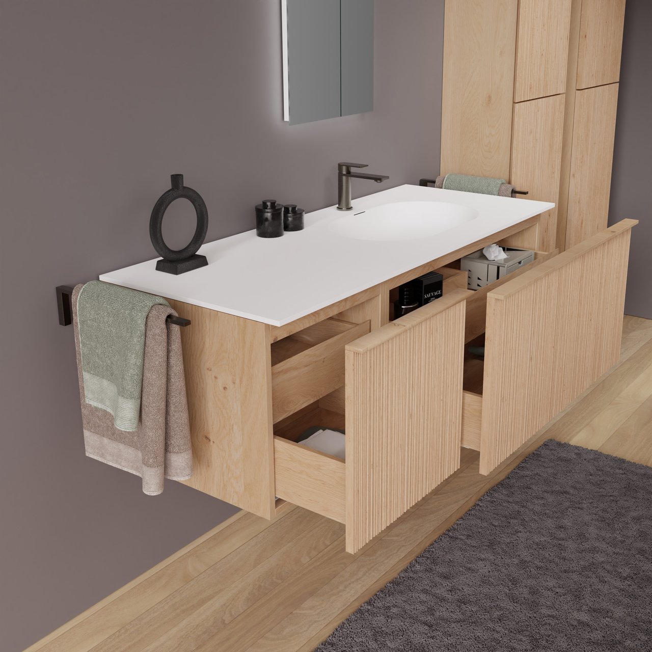Balmani Forma hängendes Möbelstück Set: 135 x 55 cm, Naturbelassene Eiche, mit Tablo Oval Waschtisch rechts, Solid Surface, Weiß matt, Vertikale asymmetrische Runde Rippe