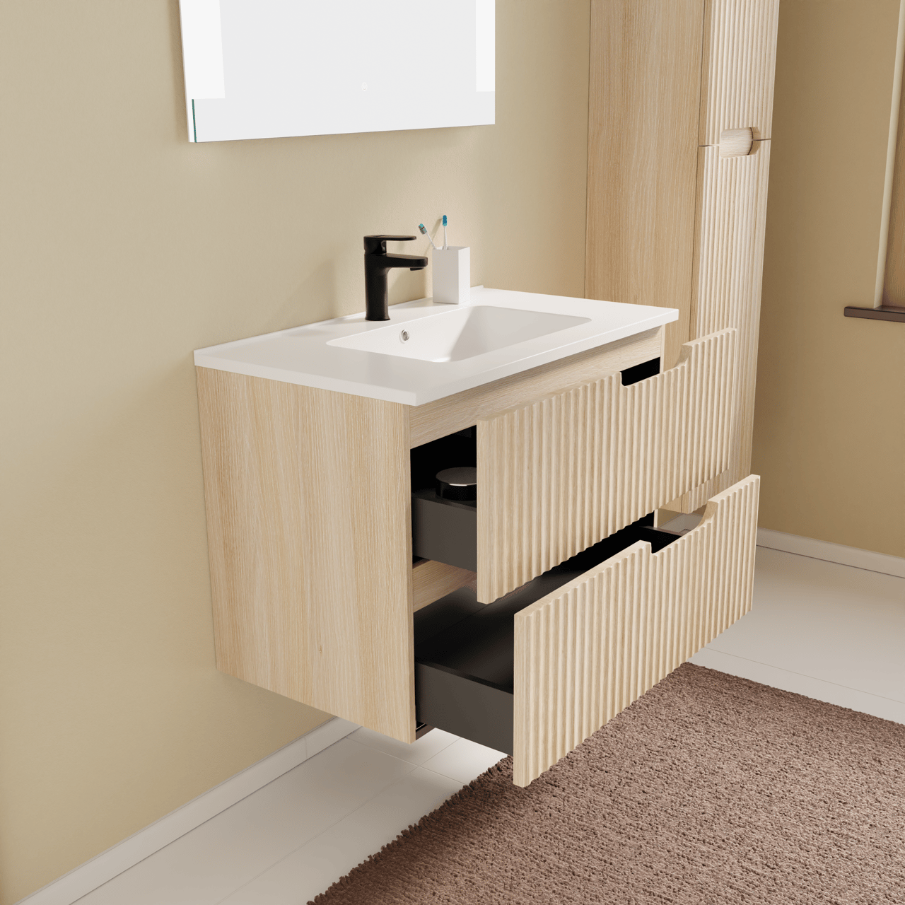 Linie Ribbo meuble salle de bains suspendu 80 x 46 cm chêne clair avec Vano plan simple en marbre composite blanc brillant, Nervure circulaire symétrique verticale