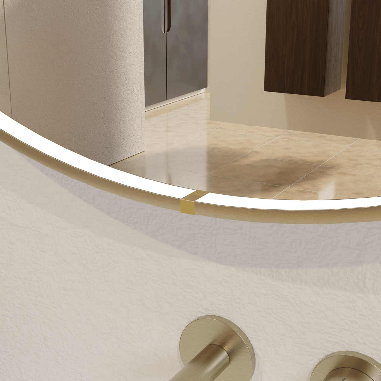 Balmani Secret rund Brushed Champagne Gold Badezimmerspiegel Ø 60 cm mit Spiegelbeleuchtung und Anti-Beschlag Spiegelheizung