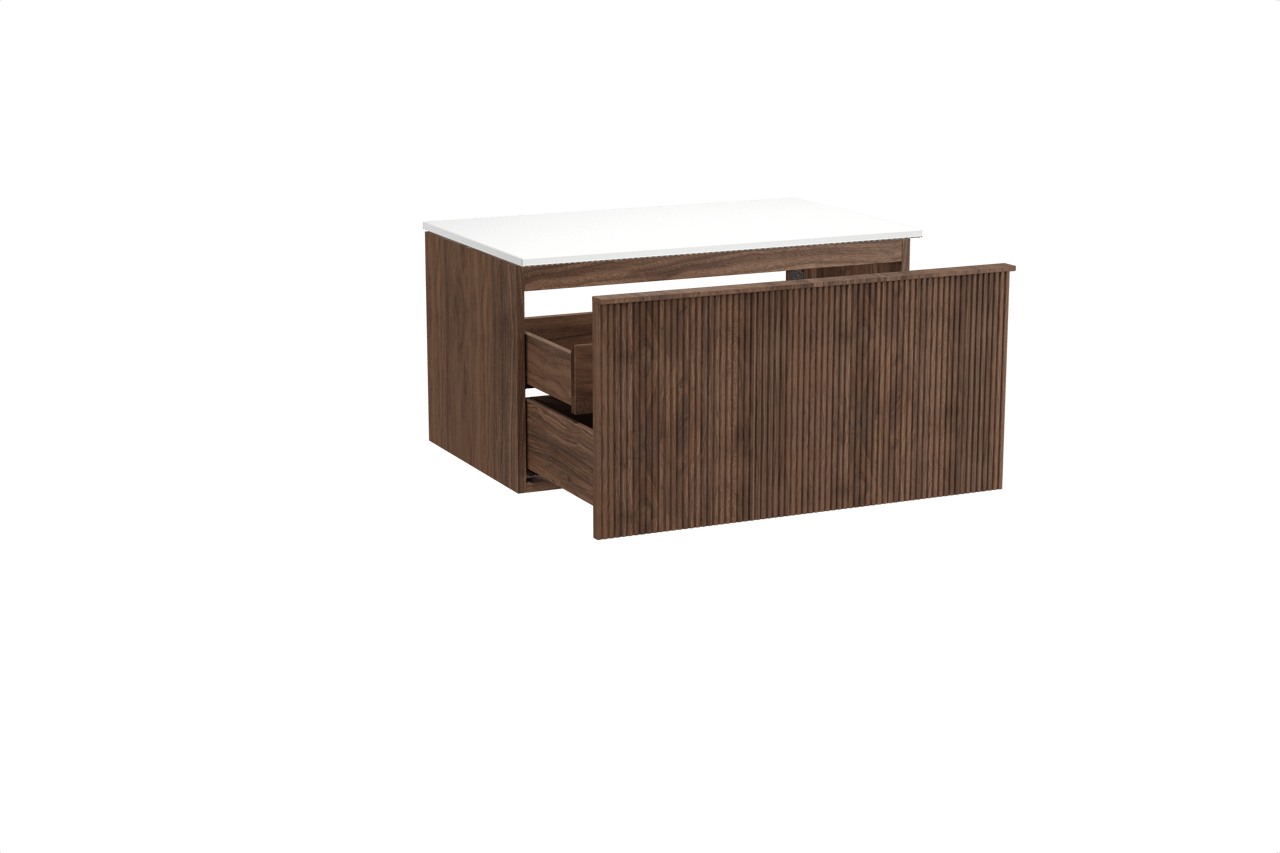 Balmani Forma zwevend badkamermeubel 90 x 55 cm amerikaanse notelaar met Stretto enkel tablet in solid surface mat wit, Verticale symmetrische rechte ribbel