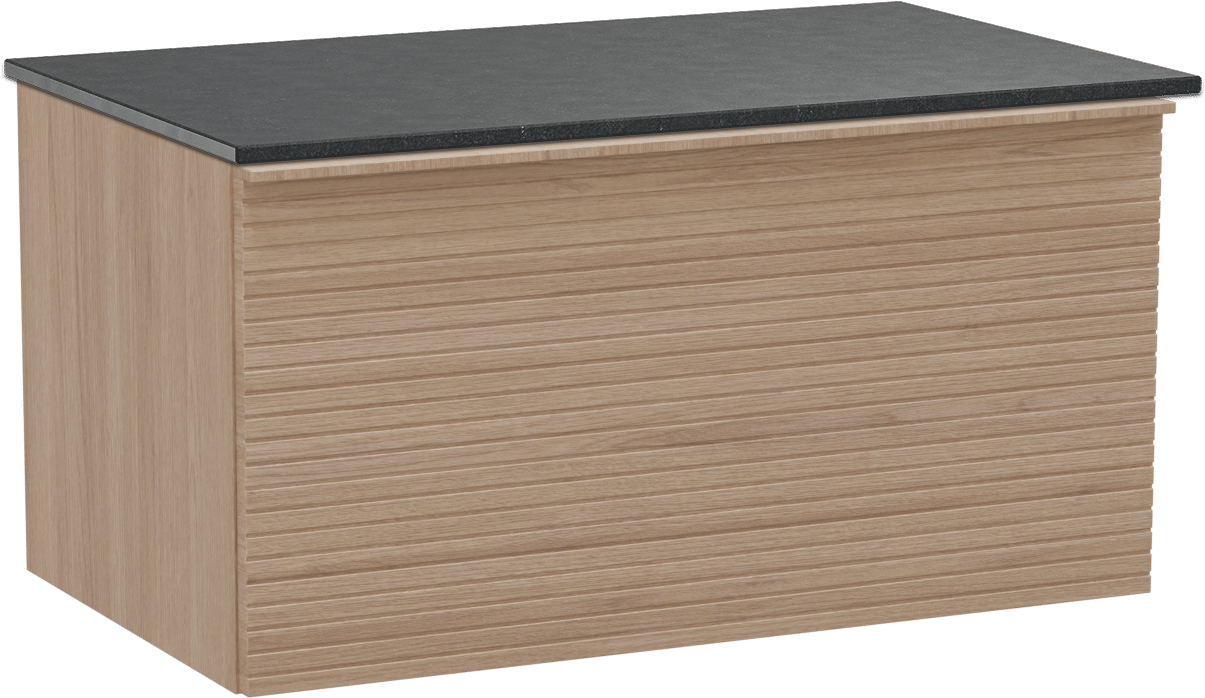 Balmani Forma zwevend badkamermeubel 90 x 55 cm natuur eik met Stretto enkel tablet in graniet zwart, Horizontale symmetrische rechte ribbel