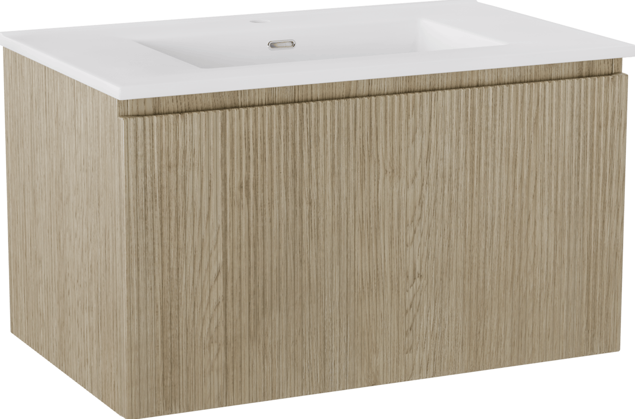 Storke Ribs meuble salle de bains suspendu 85 x 52 cm chêne brut avec Kera plan simple en céramique blanc mat