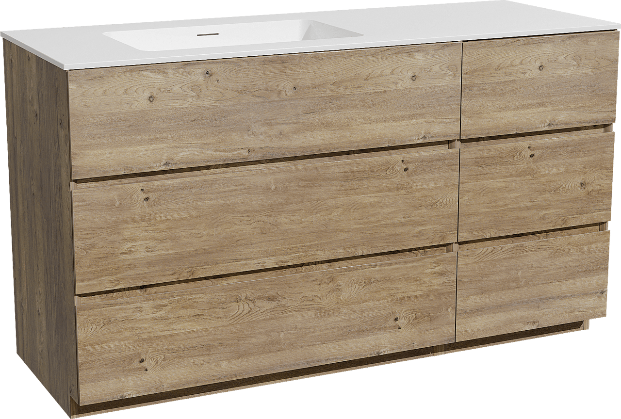 Storke Edge staand badmeubel 140 x 52 cm ruw eiken met Mata asymmetrisch linkse wastafel in solid surface mat wit