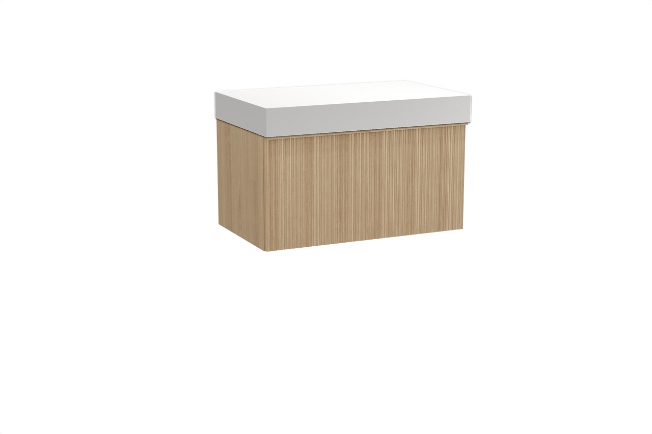 Balmani Forma hängendes Möbelstück Set: 90 x 55 cm, Naturbelassene Eiche, mit Dominus Einzel Waschtischplatte, Solid Surface, Weiß matt, Vertikale asymmetrische Runde Rippe