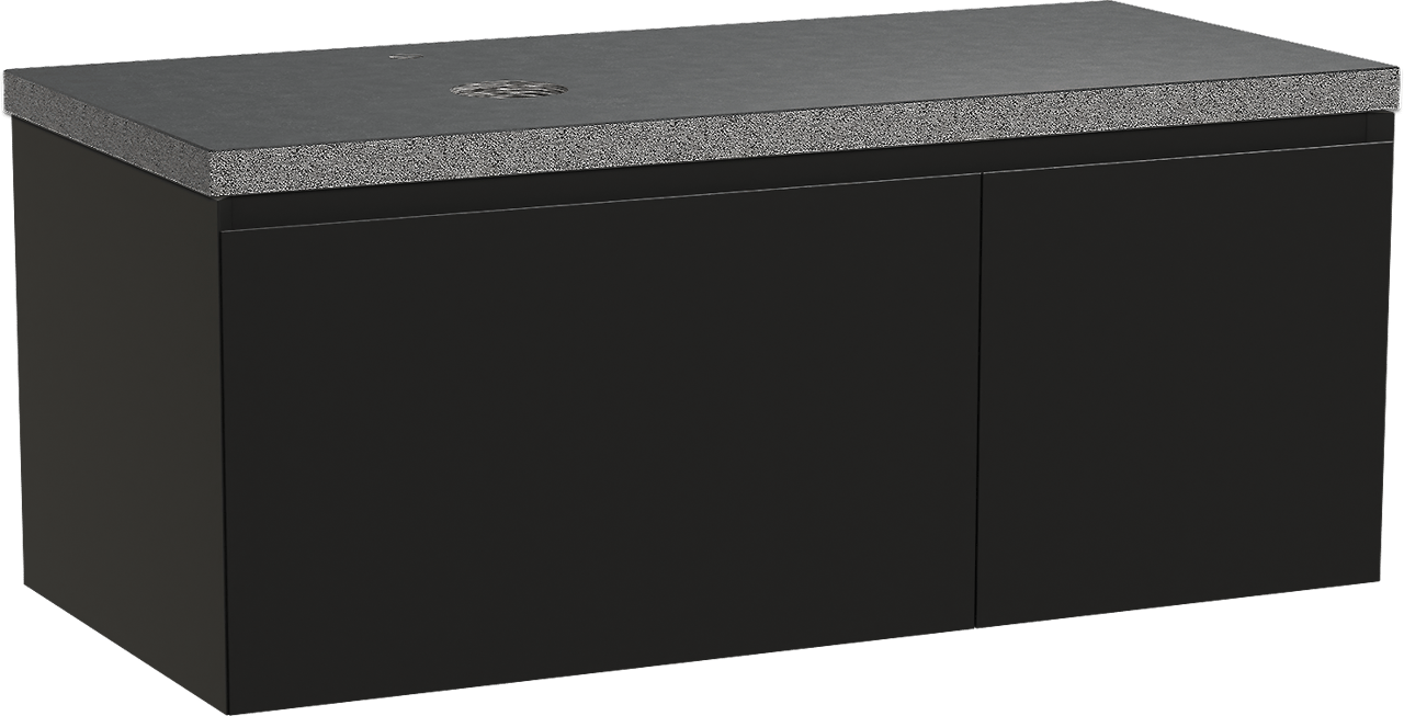 Balmani Idra hängendes Möbelstück Set: 120 x 55 cm, Schwarz matt, mit Rock Waschtisch links, Schwarzes Granit