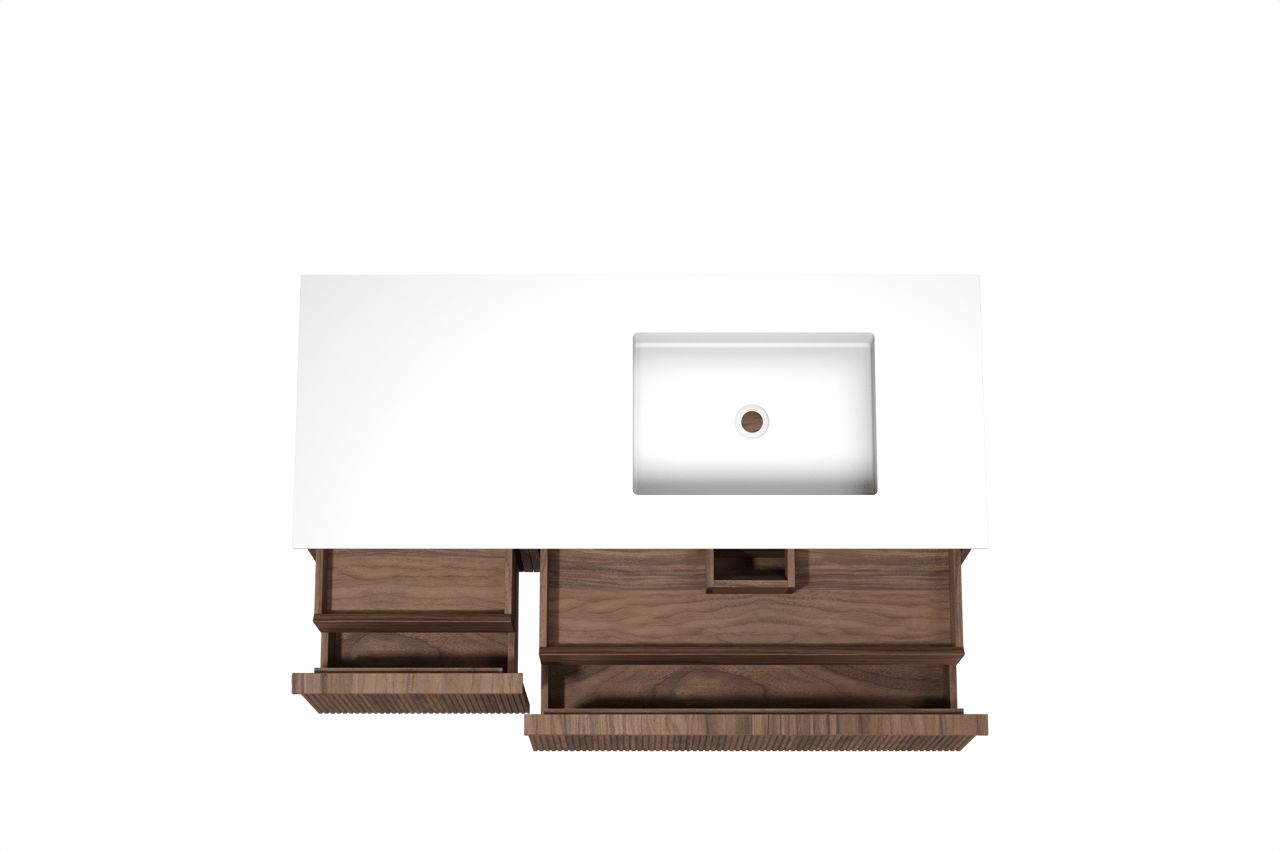 Balmani Forma meuble salle de bains suspendu 135 x 55 cm noyer américain avec Tablo Stretto vasque asymétrique droite en solid surface blanc mat, Nervure droite symétrique verticale