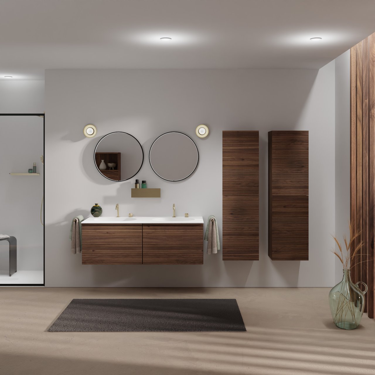 Balmani Forma zwevend badkamermeubel 135 x 55 cm amerikaanse notelaar met Tablo Oval dubbele wastafel in solid surface mat wit, Horizontale symmetrische rechte ribbel