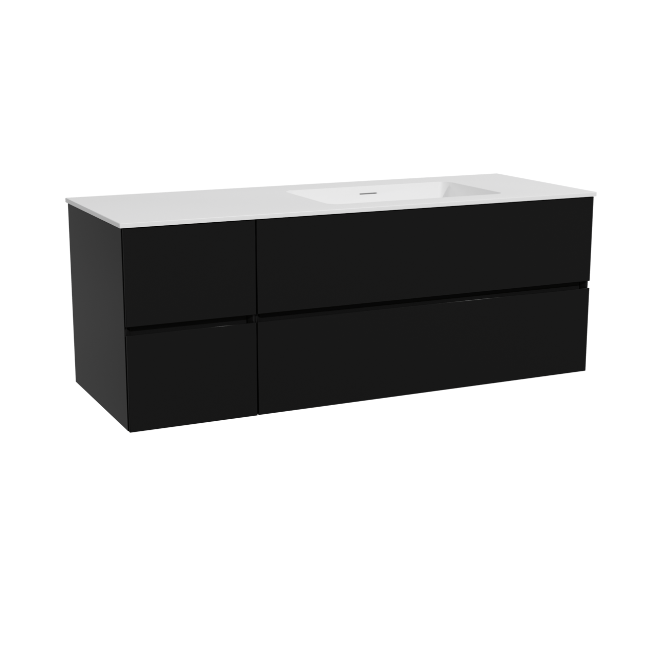 Storke Edge meuble salle de bains suspendu 140 x 52 cm noir mat avec Mata plan vasque asymétrique à droite en solid surface blanc mat