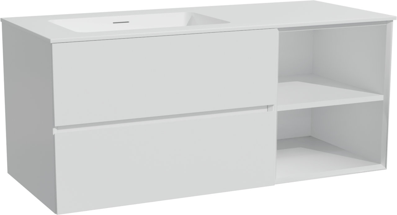 Storke Edge hängendes Möbelstück Set: 120 x 52 cm, Weiß matt, mit Mata Waschtisch links, Solid Surface Weiß matt